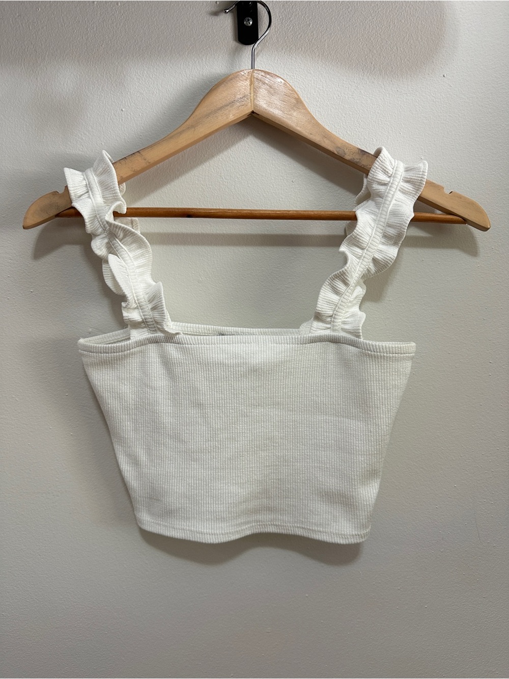Ruffled Strap White Ribbed Crop Top